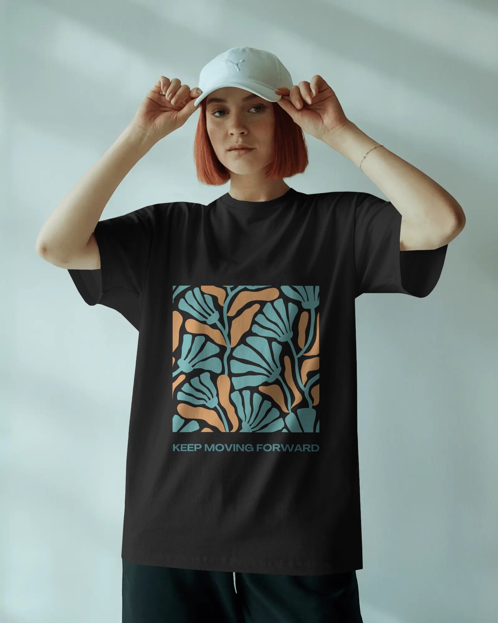 Motivational Leaf Pattern Oversized T-Shirt