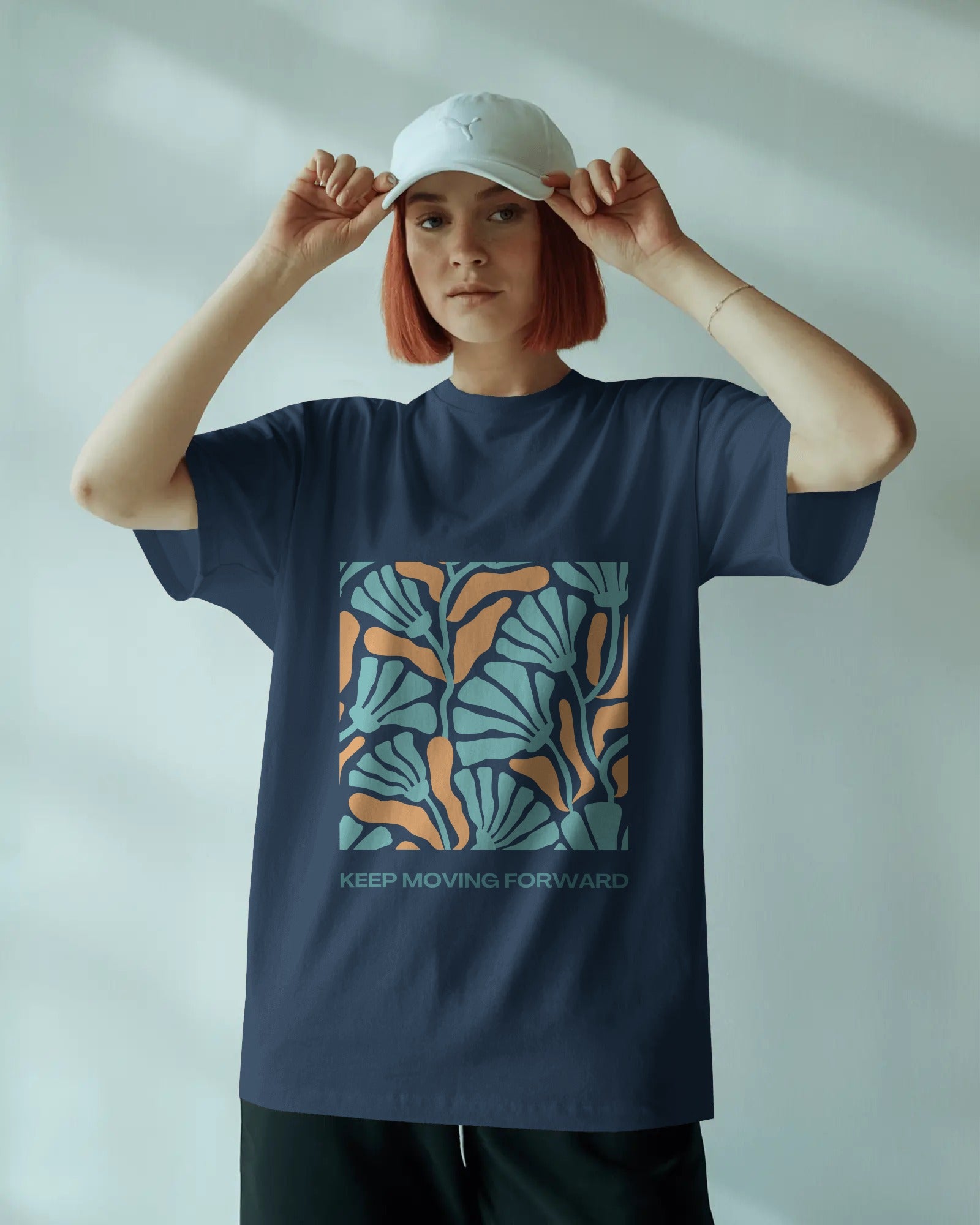 Motivational Leaf Pattern Oversized T-Shirt