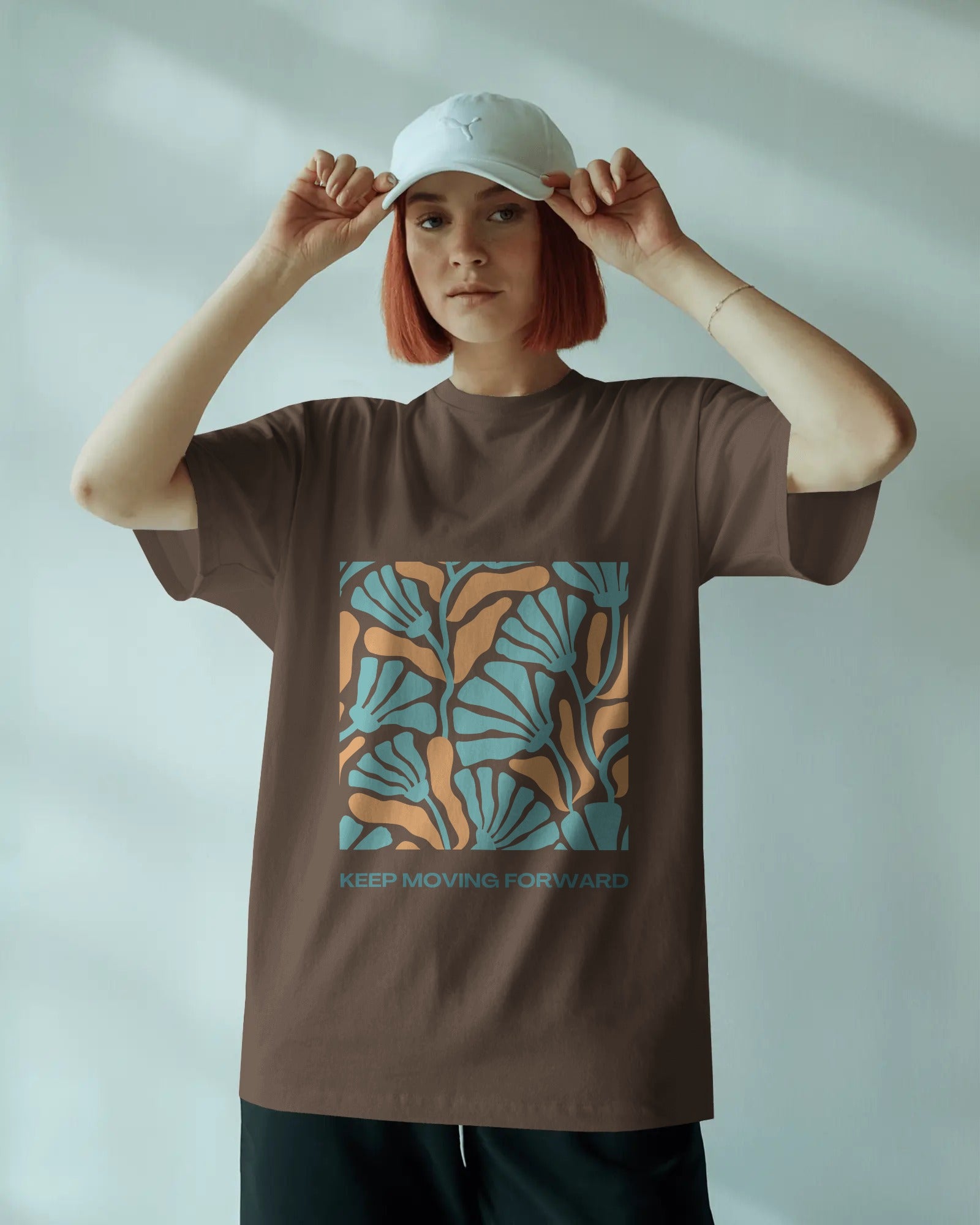Motivational Leaf Pattern Oversized T-Shirt