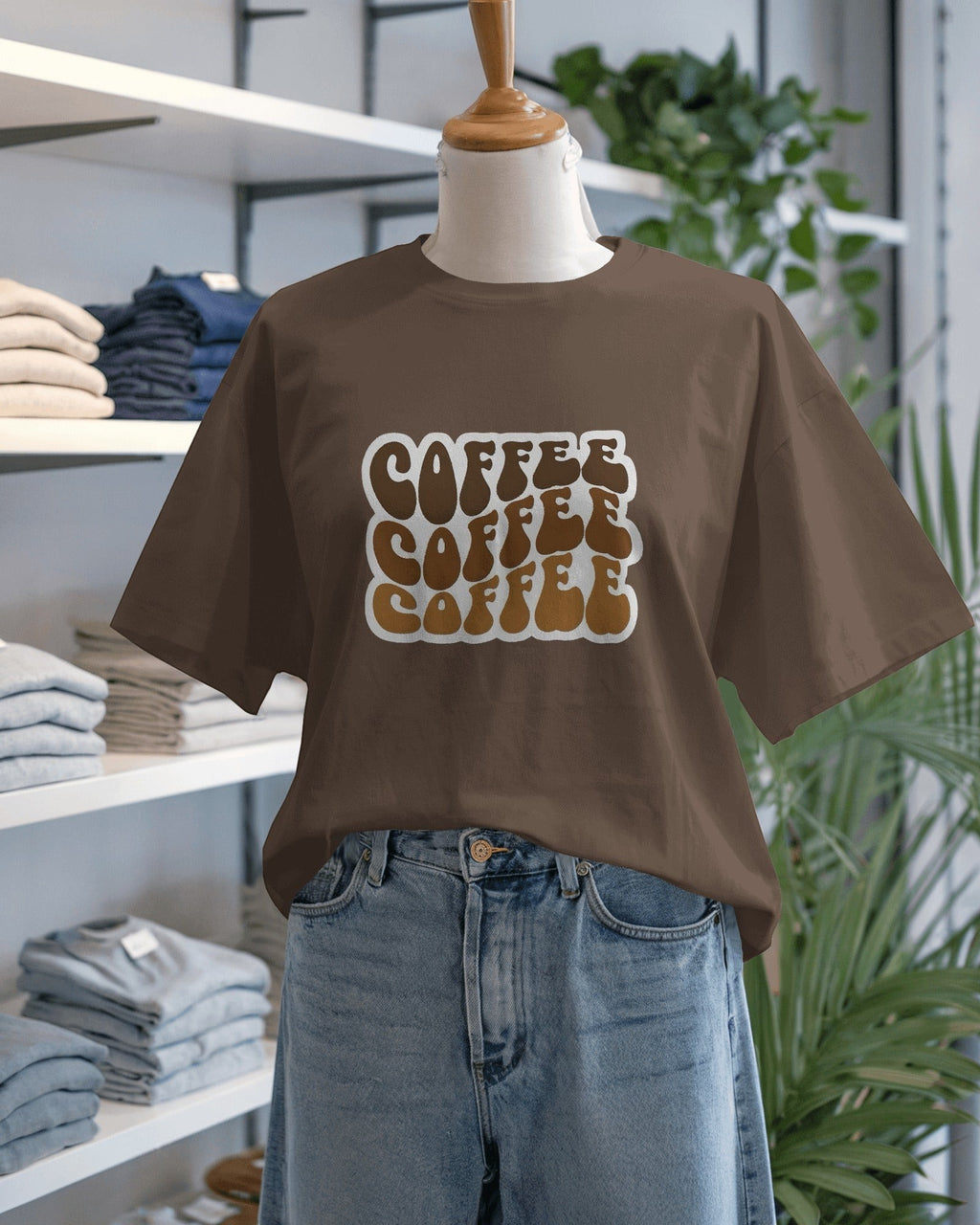 Snubclub brown oversized t-shirt with "Coffee Coffee Coffee" graphic in retro font. Unisex fit.