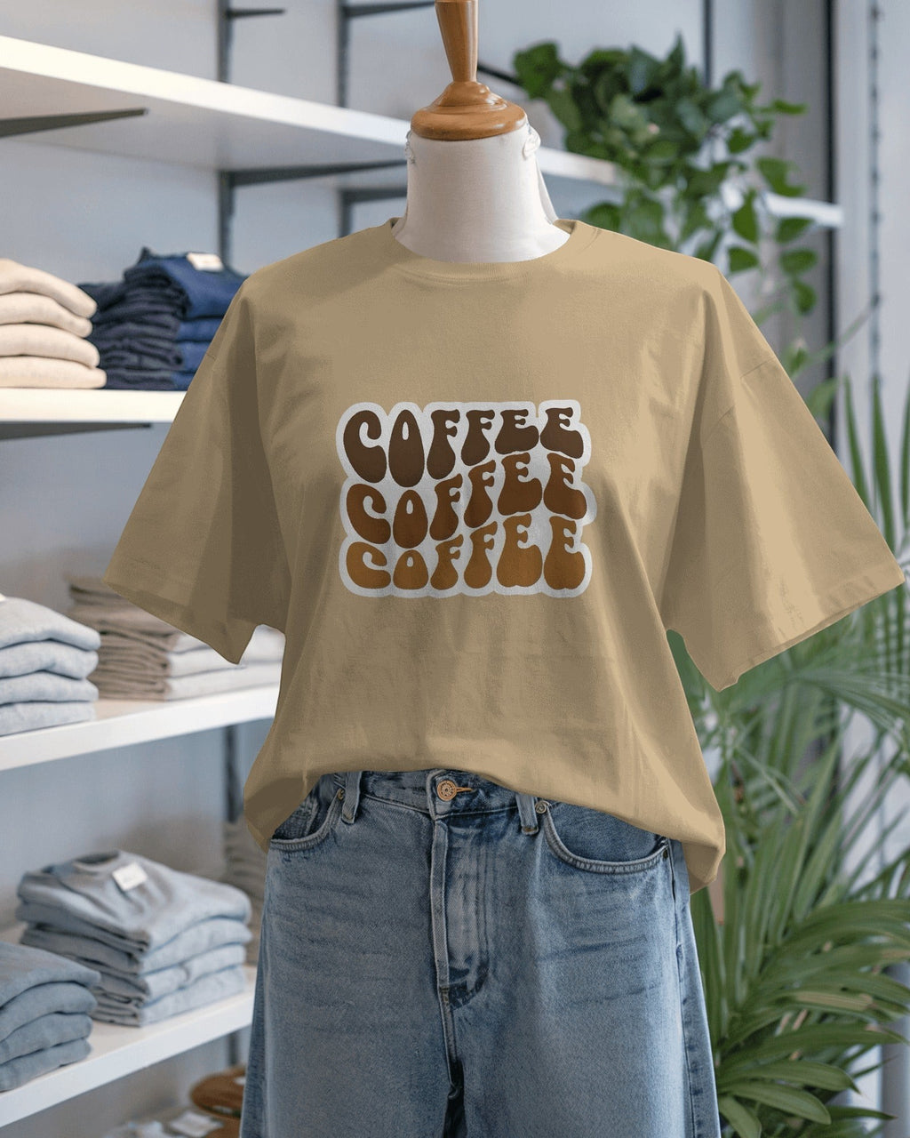 Snubclub tan oversized t-shirt with a stacked "COFFEE" graphic in brown retro font. Unisex fit, 100% cotton.