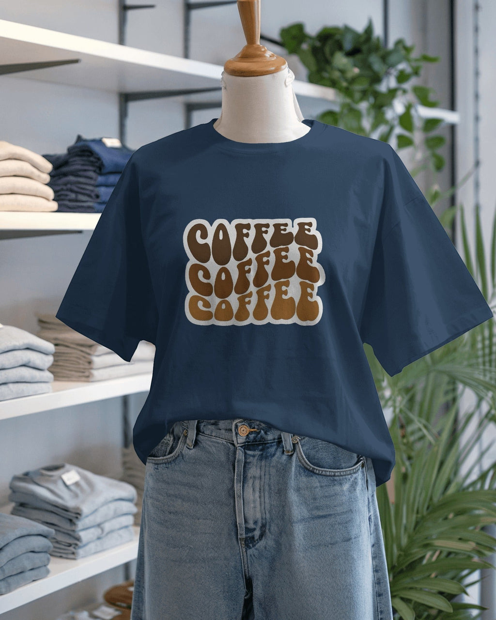 Snubclub navy blue oversized t-shirt with a "Coffee Coffee Coffee" graphic print in brown and white.