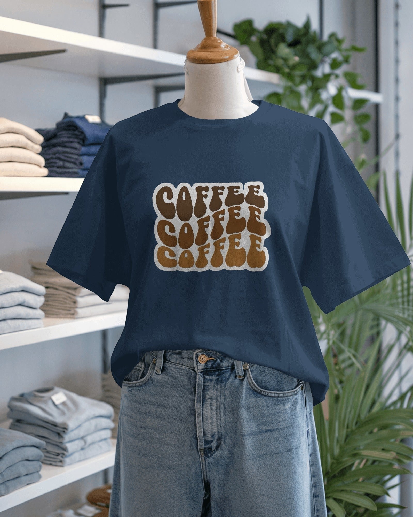 Snubclub navy blue oversized t-shirt with a "Coffee Coffee Coffee" graphic print in brown and white.