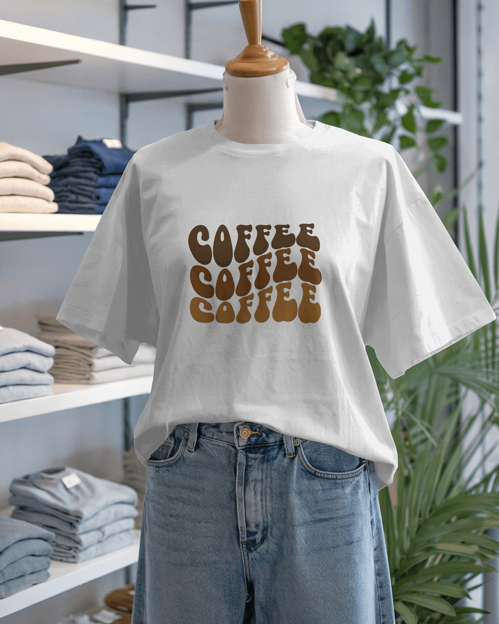 Snubclub white oversized t-shirt with a brown graphic print that says "COFFEE" three times in a retro font.