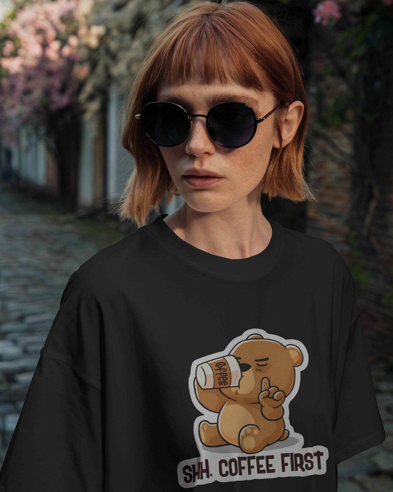 Shh Coffee Bear Oversized Tee